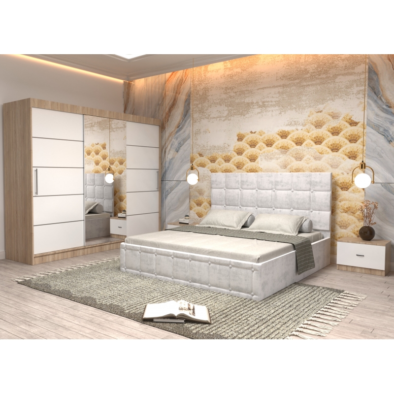 Dormitor Regal cu Pat Tapitat Alb...