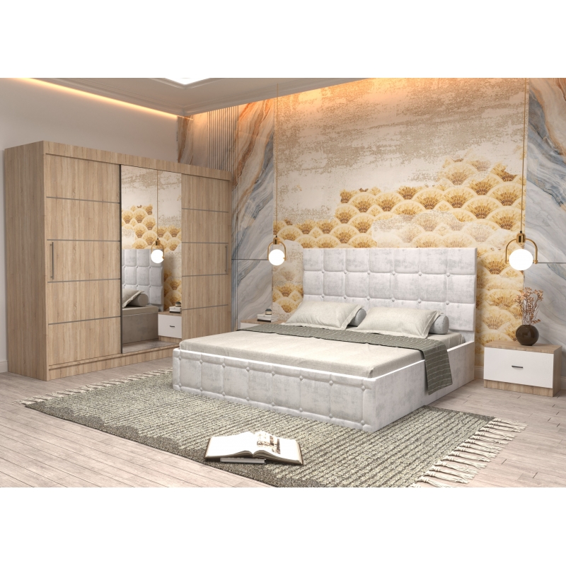 Dormitor Regal cu Pat Tapitat Alb...