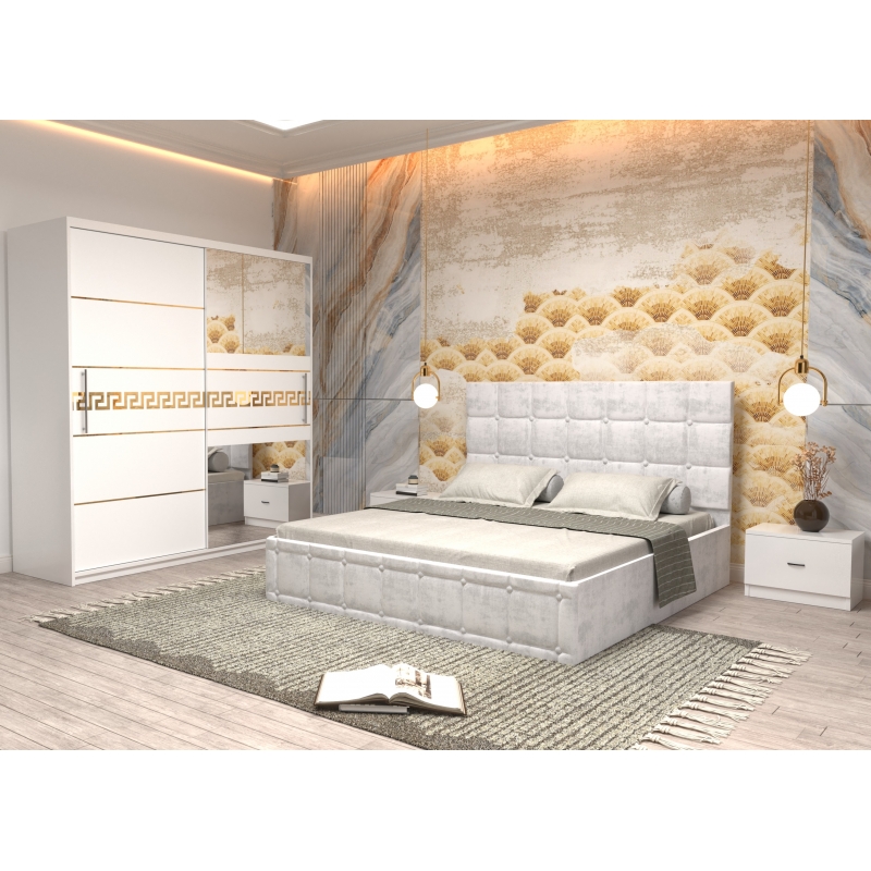 Dormitor Regal cu Pat Tapitat Alb...
